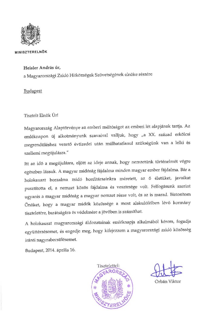 Orbán Viktor levele Heisler Andrásnak 20140416