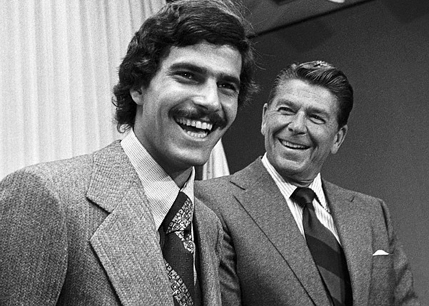14 Sep 1972, Sacramento, California, USA --- Original caption: Olympic swimming star Mark Spitz visits California Governor Ronald Reagan in his Capitol office, where he told newsmen he has "no idea" whether he will endorse either Richard Nixon or George McGovern for President. Asked if Nixon would welcome Spitz' endorsement, Reagan replied "Yes, but I'm sure anyone would be delighted." Reagan presented Spitz with a California state steel and a letter of commendation. --- Image by © Bettmann/CORBIS