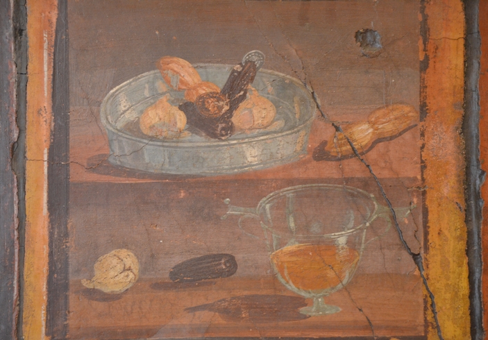 Fresco_showing_a_silver_tray_containing_prunes,_dried_figs_and_dates,_and_a_glass_cup_with_red_wine,_from_the_Casa_dei_Cervi_(House_of_the_Deer)_at_Herculaneum,_Naples_National_Archaeological_Museum_(14845636045)
