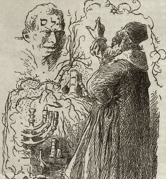 11 - Löw rabbi életre kelti a gólemet. Mikoláš Aleš rajza, 1899