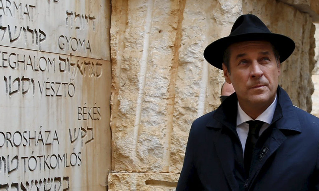 Head of the Austrian Freedom Party (FPOe) Heinz-Christian Strache (L) visits "The Valley of the Communities" monument which bears engravings with the names of some 5000 Jewish communities destroyed by the Nazis or their collaborators at Yad Vashem's Holocaust History Museum in Jerusalem, April 12, 2016. REUTERS/Ronen Zvulun