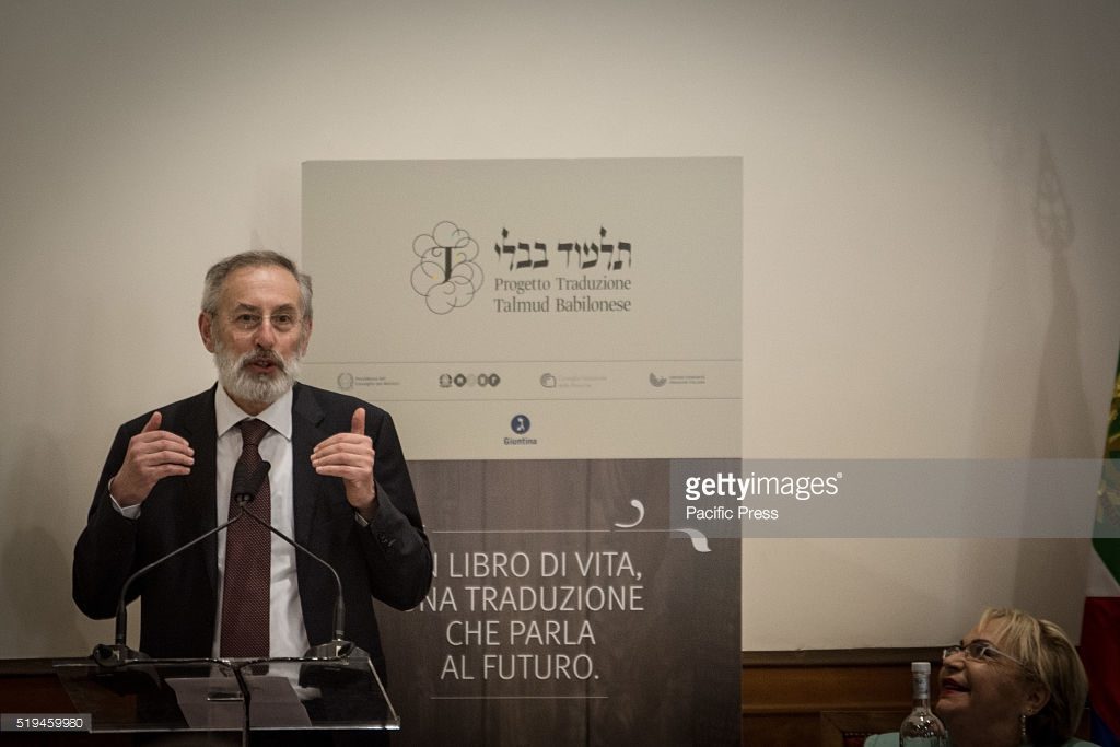 ROME, ITALY - 2016/04/05: The Chief Rabbi Riccardo Di Segni during the presentation of the first volume of the Talmud translated into Italian. The first copy of the translation in Italian of the Rosh Hashanah Treaty, the first volume of the Talmud, the fundamental text of Jewish tradition, was delivered to the President of the Republic Sergio Mattarella, at a presentation ceremony held at the Auditorium of Villa Farnesina, hosted the Accademia dei Lincei. (Photo by Andrea Ronchini/Pacific Press/LightRocket via Getty Images)