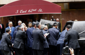 The casket for Nobel laureate and Holocaust survivor Elie Wiesel is placed into a hearst outside the Fifth Avenue Synagogue on July 3, 2016 in New York. Mourners gathered in New York to bid farewell to Elie Wiesel, the Holocaust survivor and Nobel peace laureate hailed for his life's work of keeping alive the memory of Jews slaughtered during World War II. Wiesel died in New York on July 2, 2016 at age 87. / AFP / KENA BETANCUR (Photo credit should read KENA BETANCUR/AFP/Getty Images)