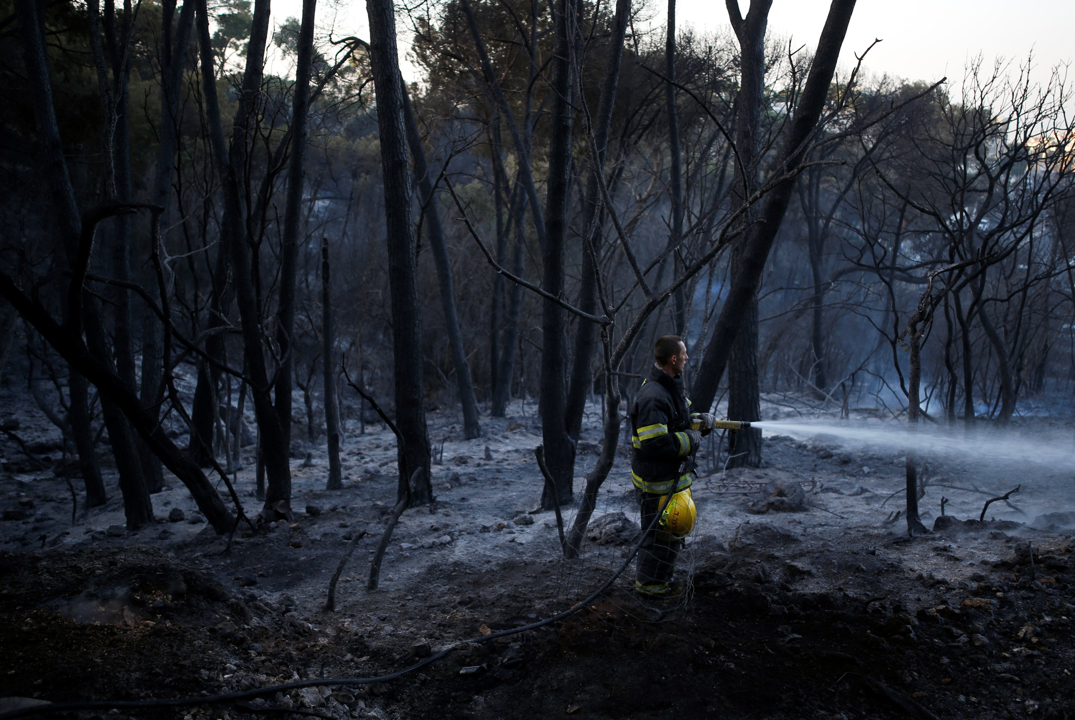 A firefighter works as a wildfire burns in residential area of the northern city of Haifa, Israel November 25, 2016. REUTERS/Amir Cohen