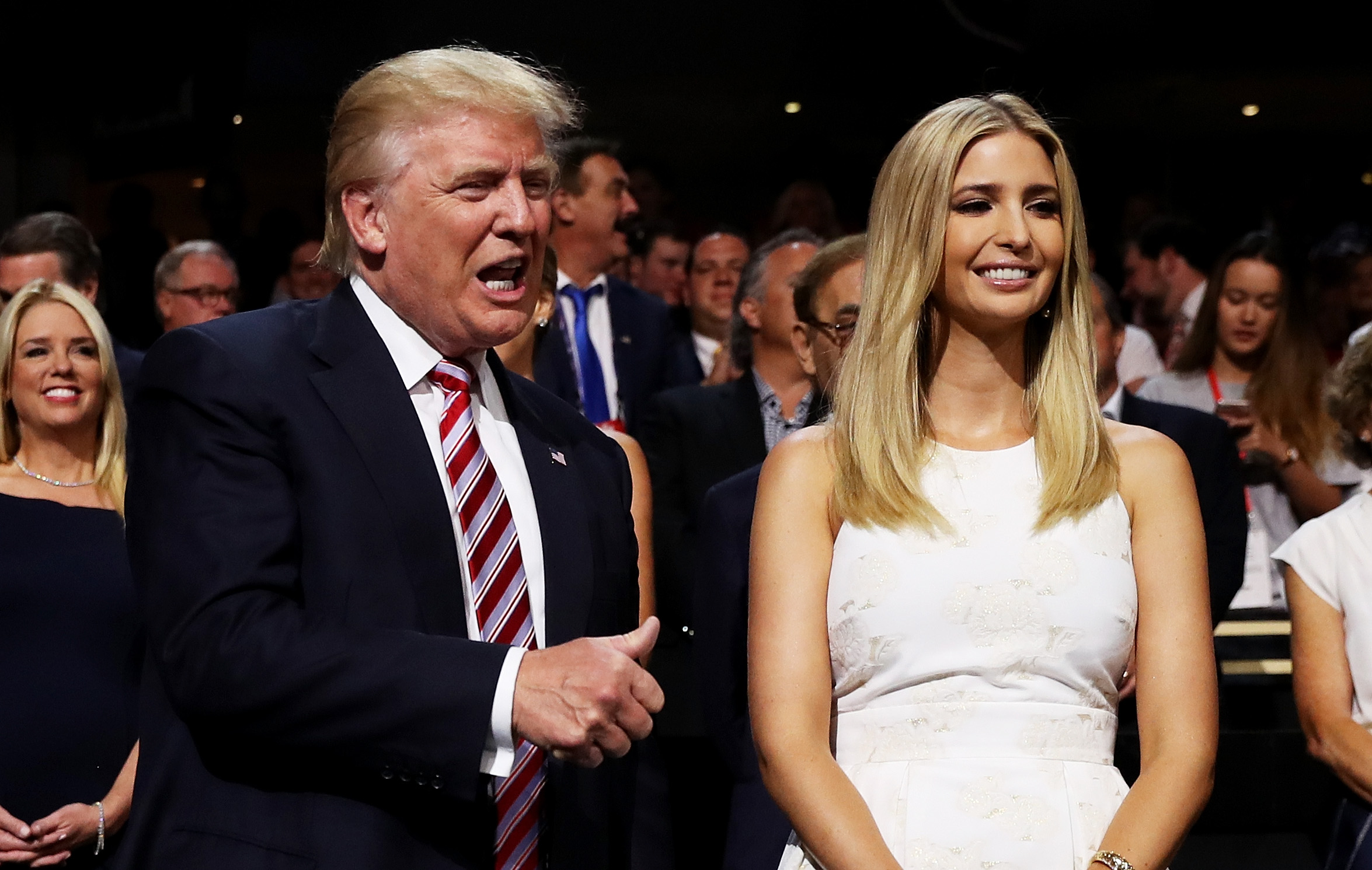 CLEVELAND, OH - JULY 20: Republican presidential candidate Donald Trump and Ivanka Trump attend the third day of the Republican National Convention on July 20, 2016 at the Quicken Loans Arena in Cleveland, Ohio. Republican presidential candidate Donald Trump received the number of votes needed to secure the party's nomination. An estimated 50,000 people are expected in Cleveland, including hundreds of protesters and members of the media. The four-day Republican National Convention kicked off on July 18. (Photo by Joe Raedle/Getty Images)